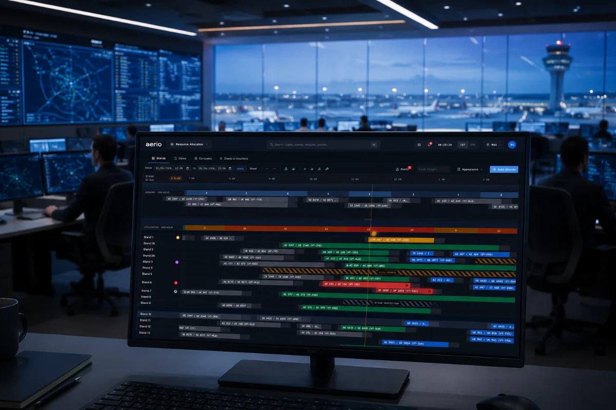 Resource allocation Gantt view on a monitor in an airport operations centre