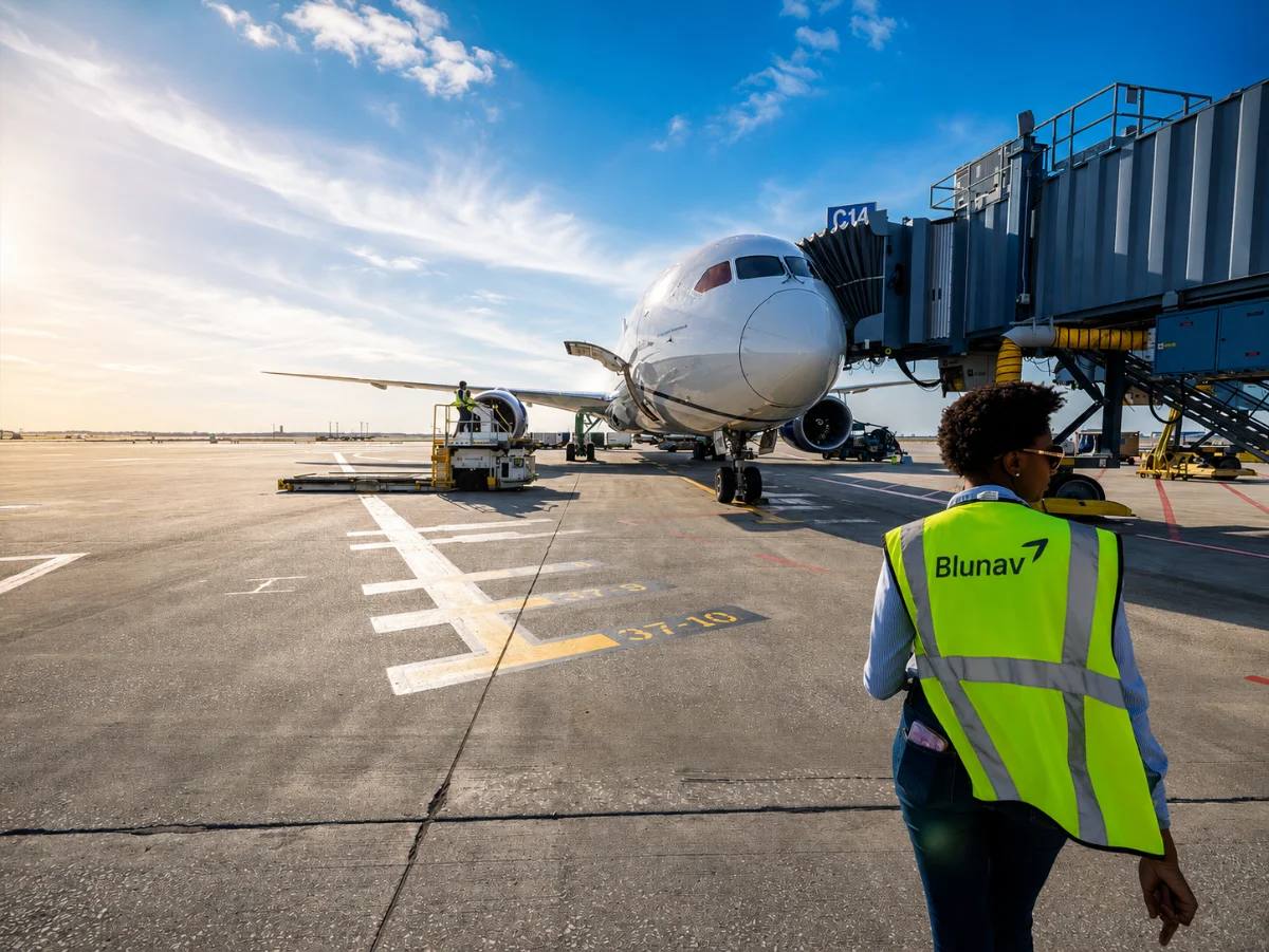 Ground staff in a Blunav vest walking towards an aircraft at a jet bridge