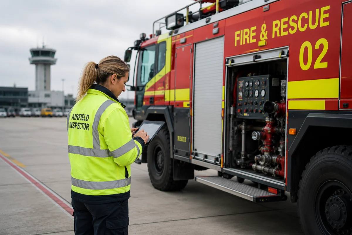 Airfield inspector recording a check on a tablet beside a fire and rescue vehicle