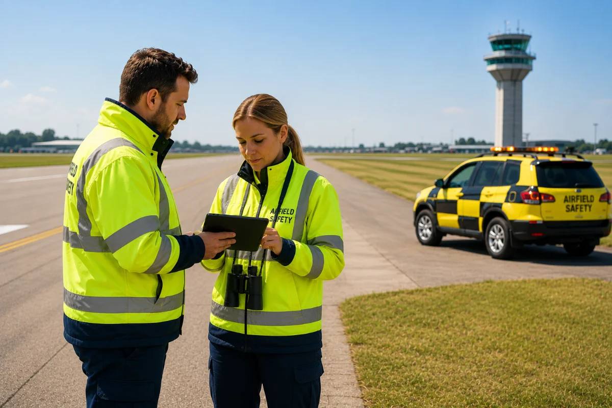 Two airside safety officers reviewing a tablet on the airfield