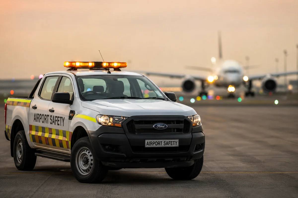 Airport safety vehicle on the apron at dusk with an aircraft behind